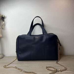 Tory Burch T-Block Top-Handle Navy Blue Leather Satchel Bag